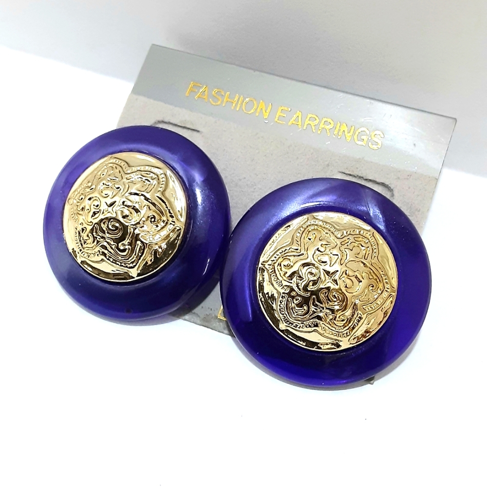 Genuine Lucite Vintage Earrings Chunky Purple Gold Pierced Thermoset Boho